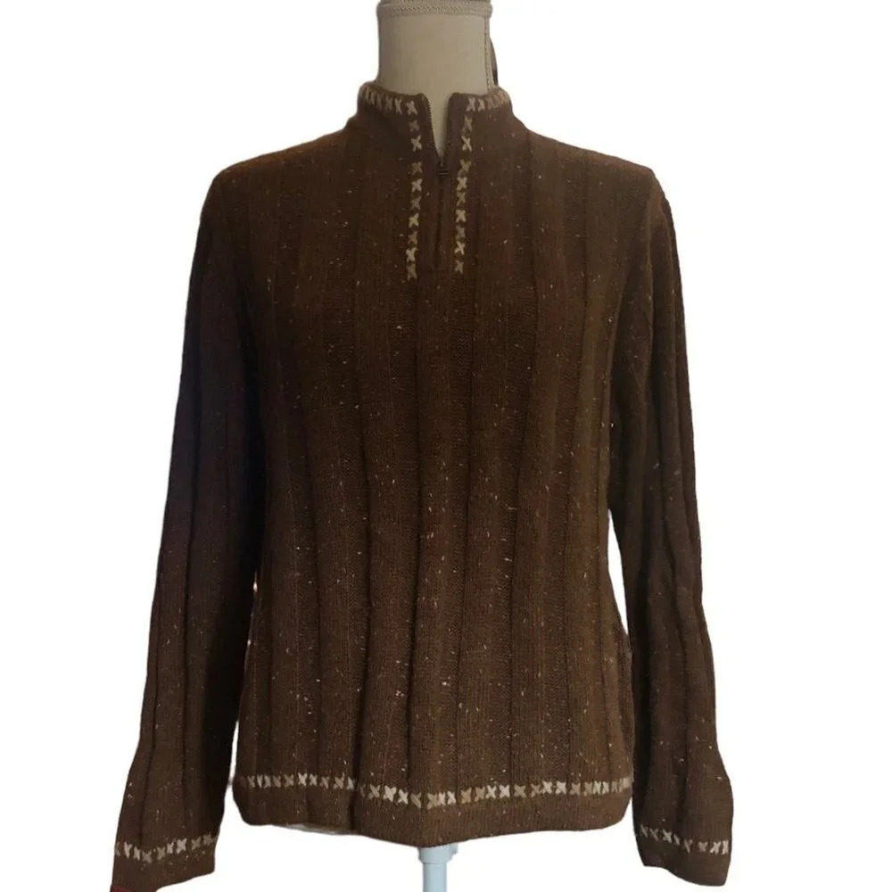 WOOLRICH Sz L Women's Dark Clove Wool Blend Long Sleeve 1/4 Zip Pullover Sweater